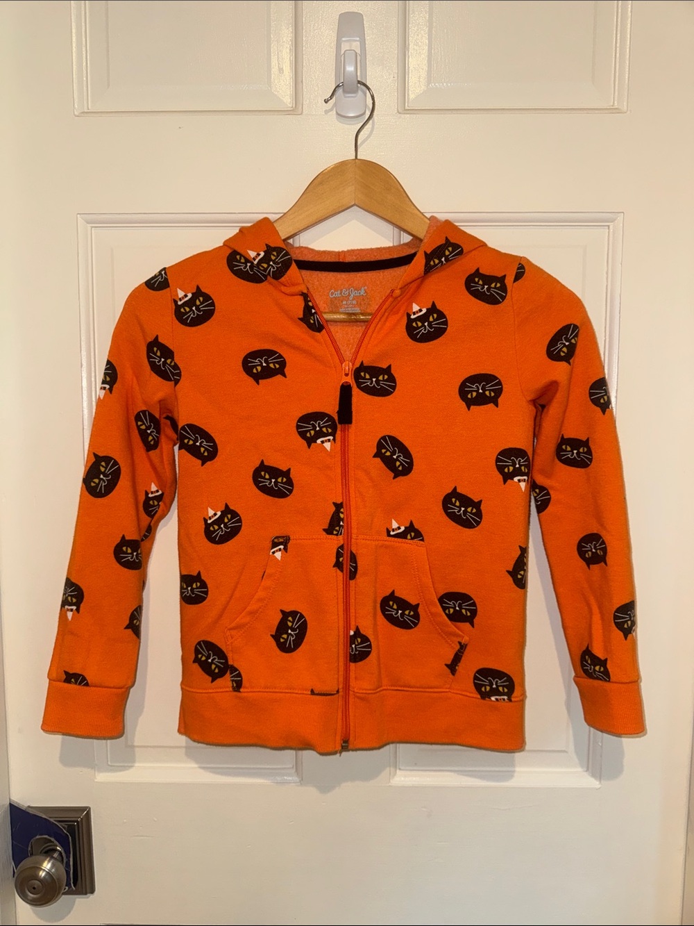 Cat & Jack Orange Zip-Up Hoodie with Black Cat Print size M 7/8